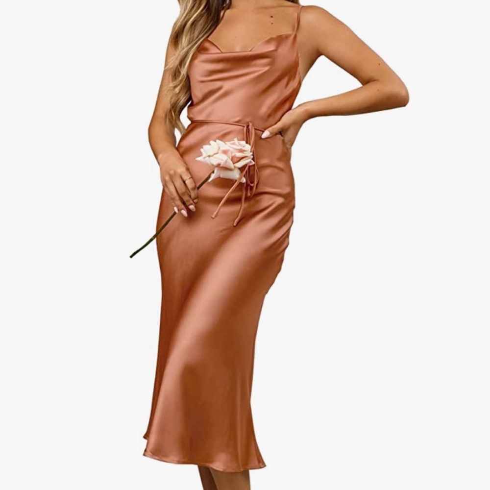 Satin Cowl Neck Backless Spaghetti Strap Dress Light Burnt Orange Medium (6/8)
